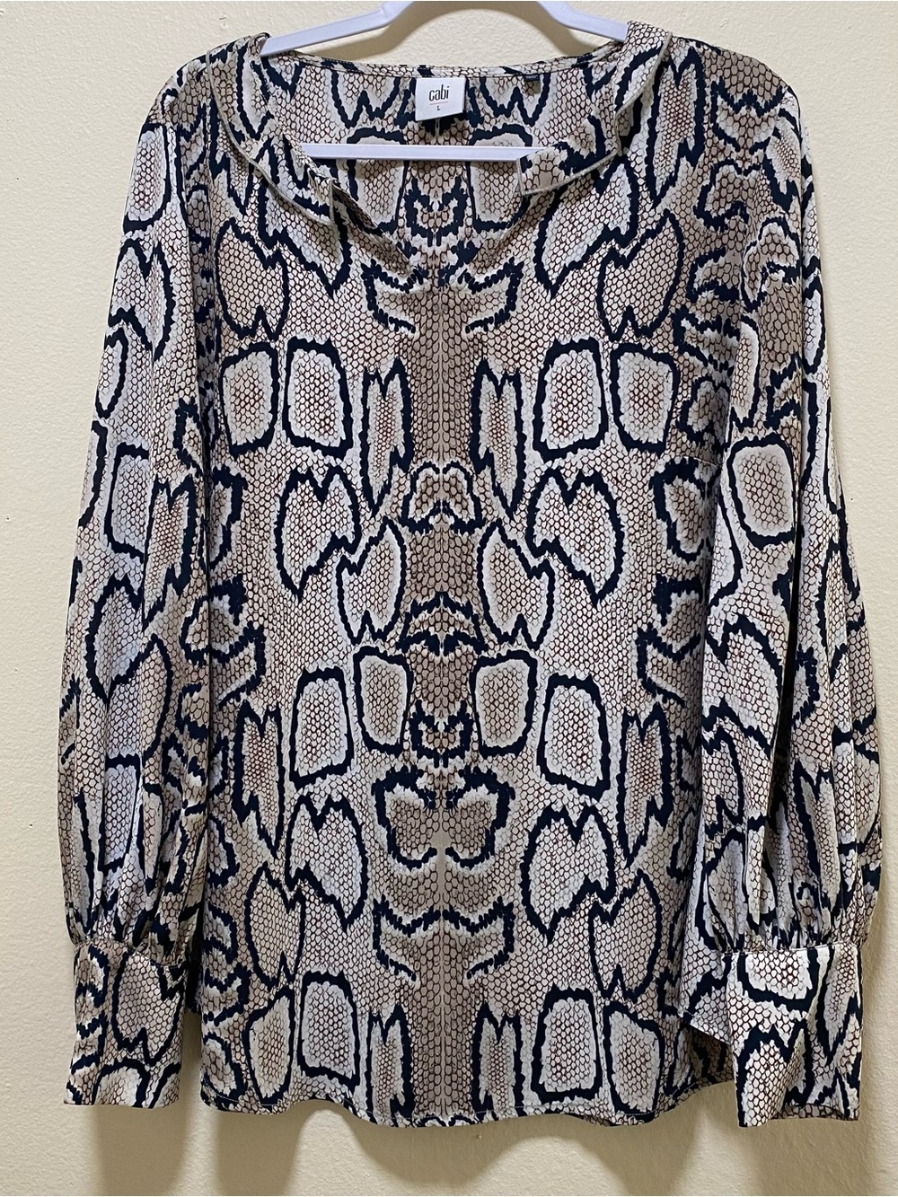 CAbi Beige and Black Snake-Print Blouse